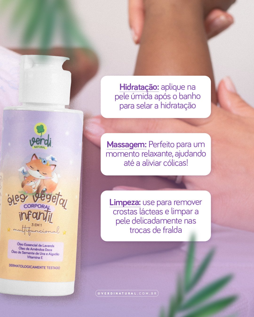 Óleo Vegetal Corporal Infantil 100% Natural com Óleo essencial de Lavanda, Óleos de Amêndoa Doce, Semente de Uva e Algodão e Vitamina E